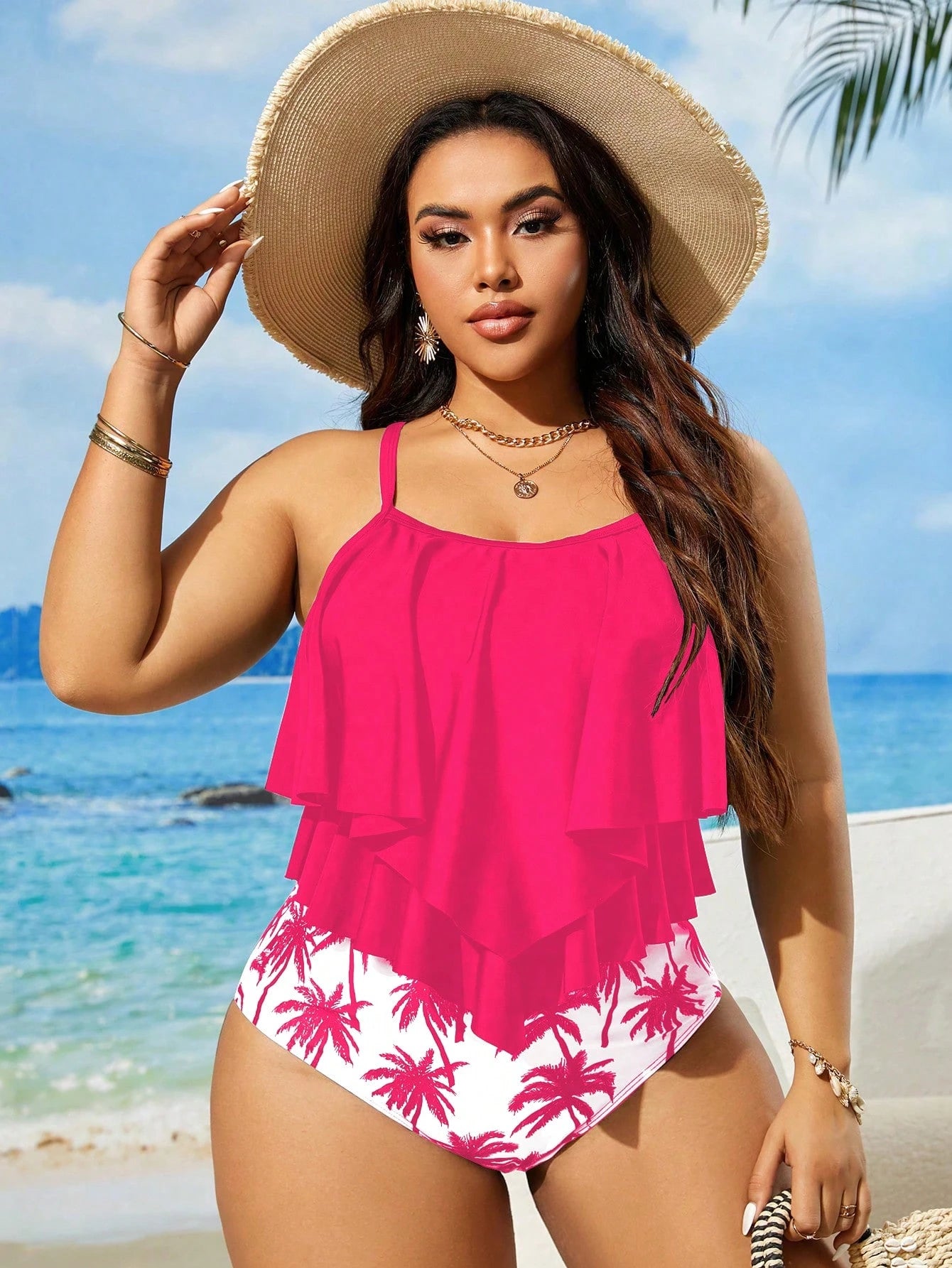 Swim Lushoire Plus Size Women's Summer Beach Ruffled Sexy Camisole Tankini Swimwear Set