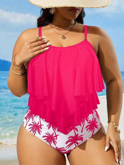 Swim Lushoire Plus Size Women's Summer Beach Ruffled Sexy Camisole Tankini Swimwear Set