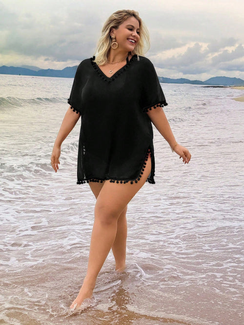 Swim Lushoire Plus Size Women Solid Color Pom Pom V-Neck Short Sleeve Coverup Summer 2026 Christmas New Year Party Beach Beach Vacation Casual Boho White
