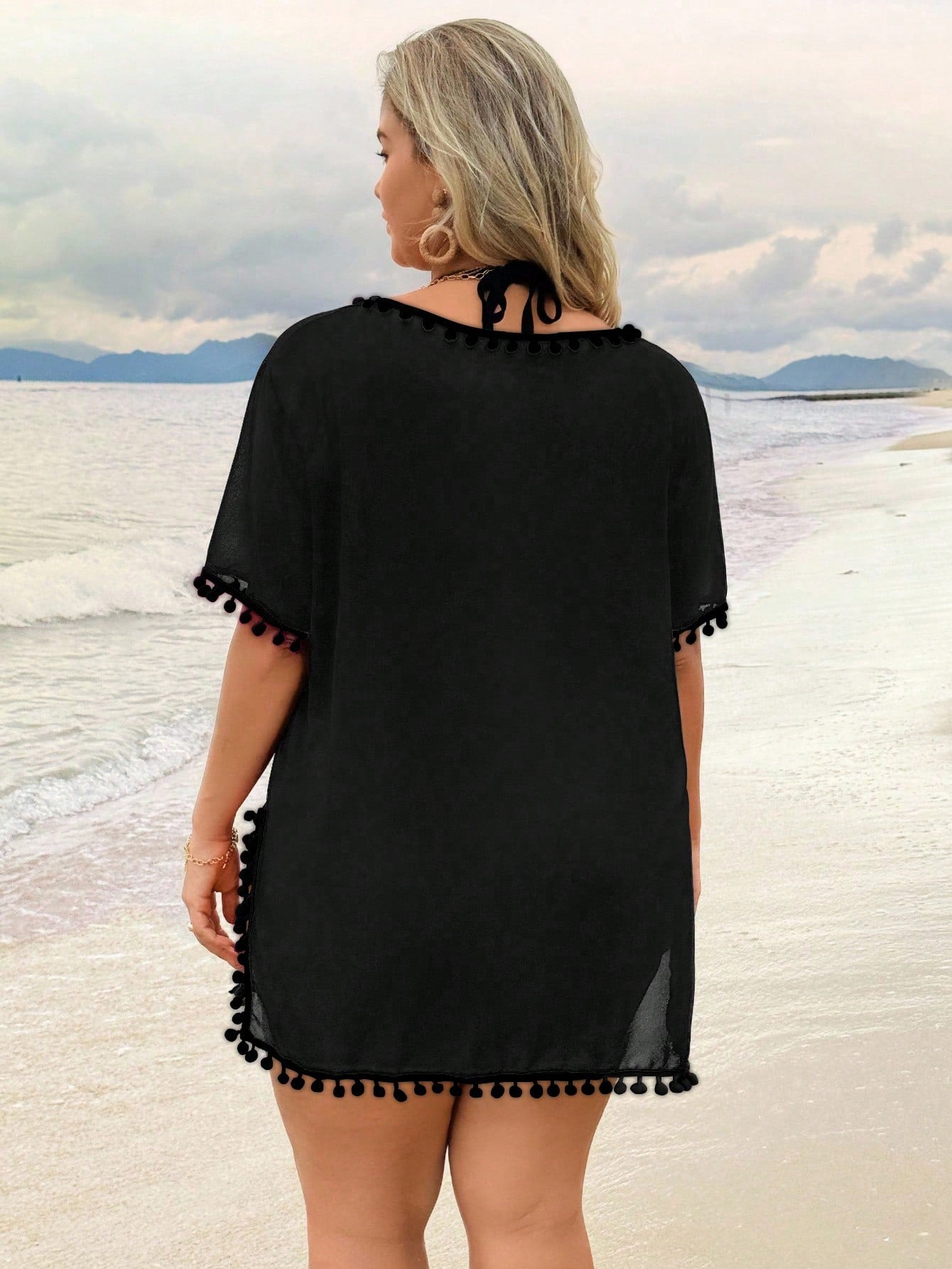 Swim Lushoire Plus Size Women Solid Color Pom Pom V-Neck Short Sleeve Coverup Summer 2026 Christmas New Year Party Beach Beach Vacation Casual Boho White