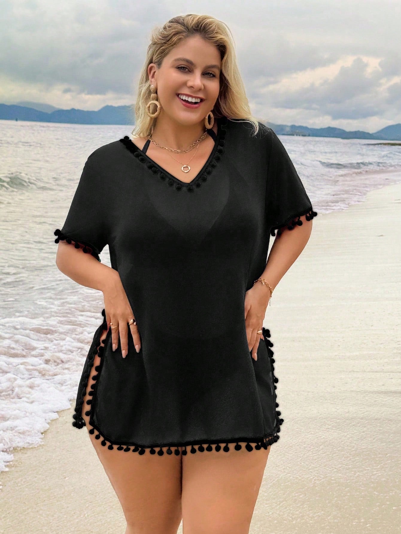 Swim Lushoire Plus Size Women Solid Color Pom Pom V-Neck Short Sleeve Coverup Summer 2026 Christmas New Year Party Beach Beach Vacation Casual Boho White