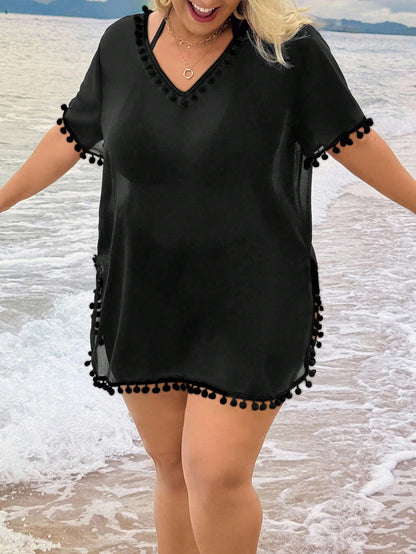 Swim Lushoire Plus Size Women Solid Color Pom Pom V-Neck Short Sleeve Coverup Summer 2026 Christmas New Year Party Beach Beach Vacation Casual Boho White
