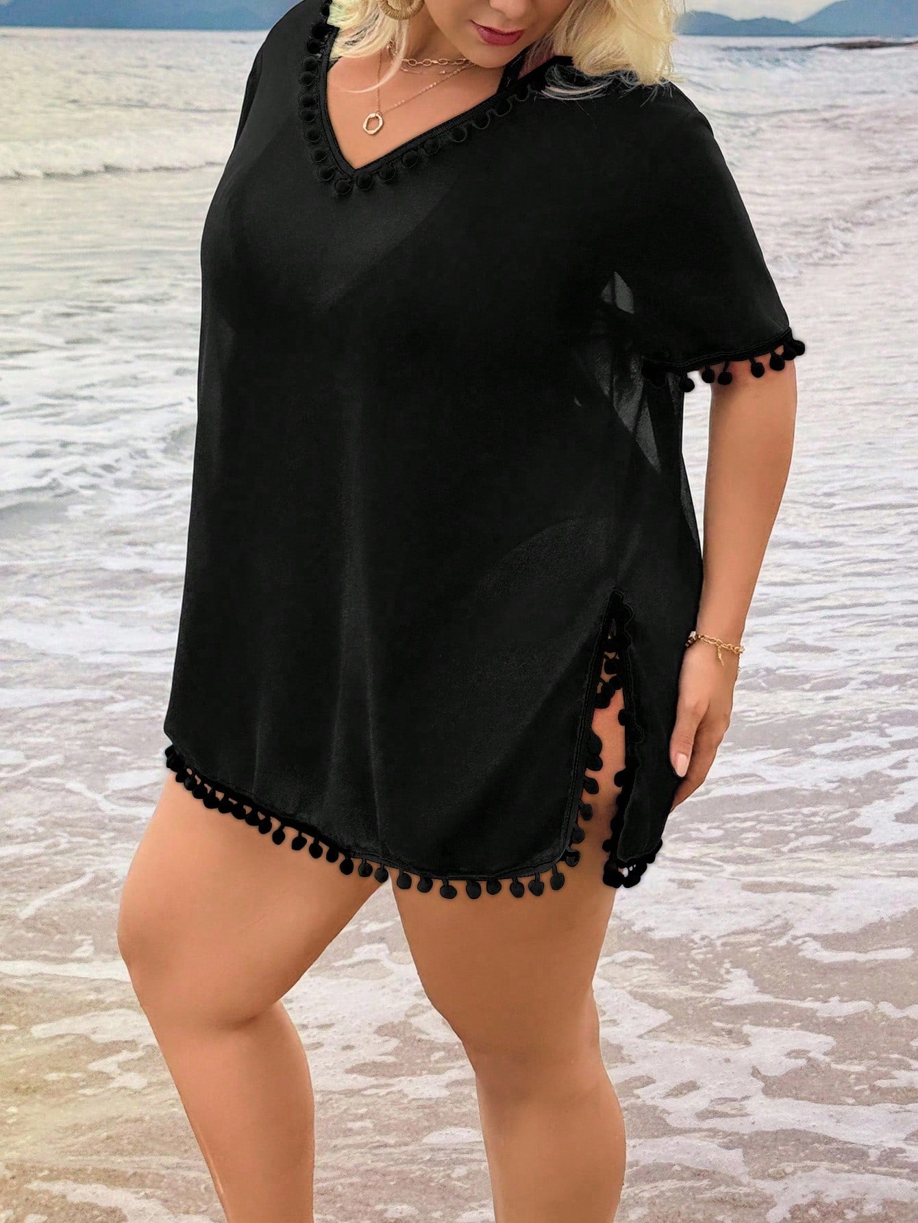 Swim Lushoire Plus Size Women Solid Color Pom Pom V-Neck Short Sleeve Coverup Summer 2026 Christmas New Year Party Beach Beach Vacation Casual Boho White