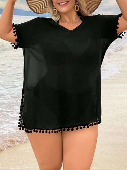 Swim Lushoire Plus Size Women Solid Color Pom Pom V-Neck Short Sleeve Coverup Summer 2026 Christmas New Year Party Beach Beach Vacation Casual Boho White