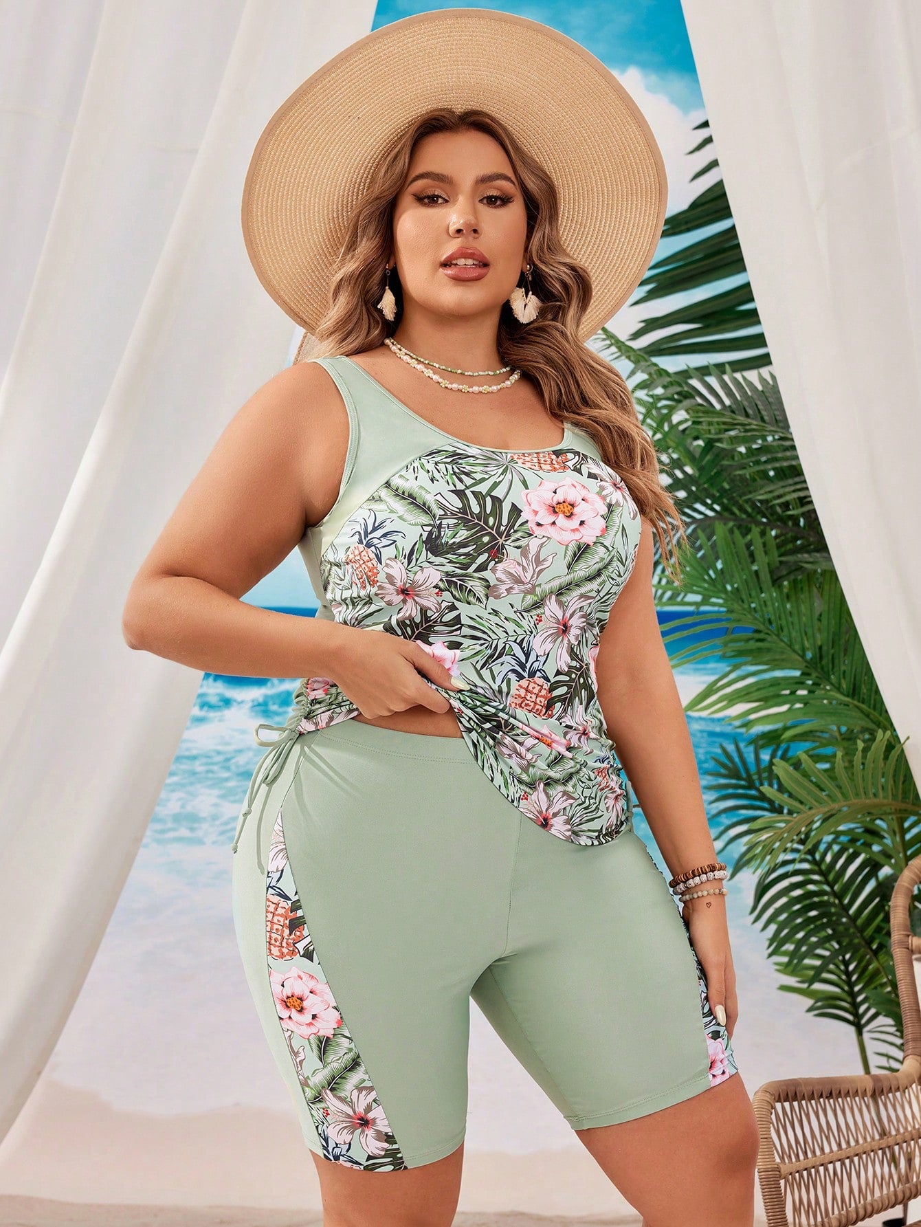 Swim Lushoire Plus Size Women Summer Beach Vacation Contrast Tropical Plant Print Side Tie Tankini Set
