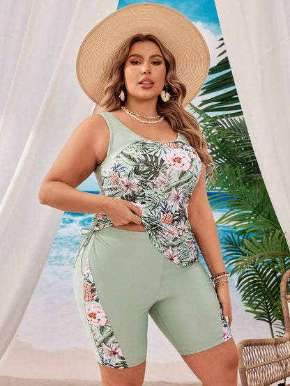 Swim Lushoire Plus Size Women Summer Beach Vacation Contrast Tropical Plant Print Side Tie Tankini Set