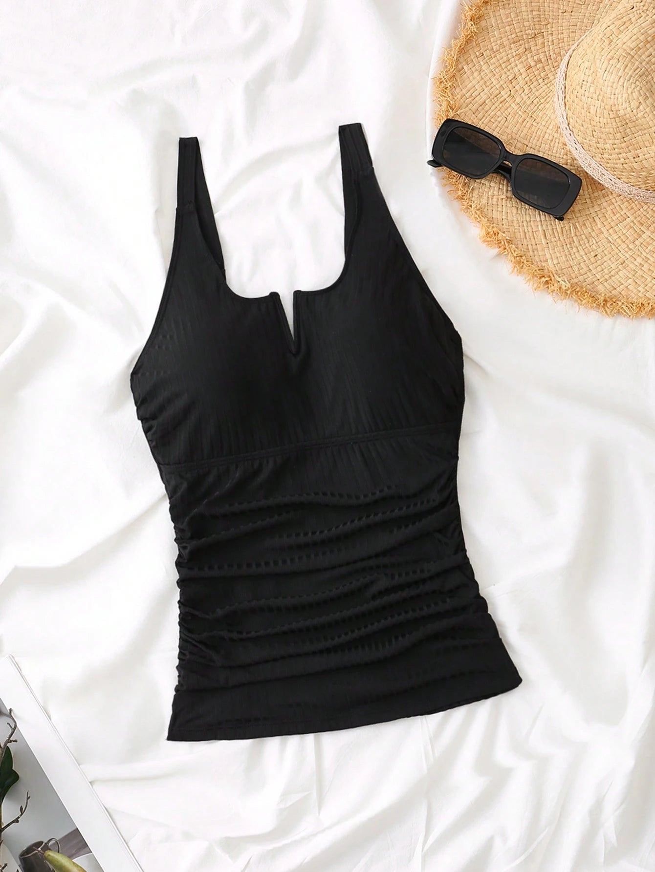 Swim Lushoire Plus Solid Color Ruched Tankini Top Swimwear Summer Beach