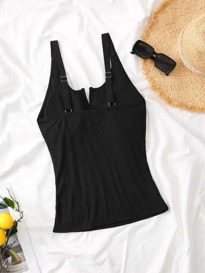 Swim Lushoire Plus Solid Color Ruched Tankini Top Swimwear Summer Beach