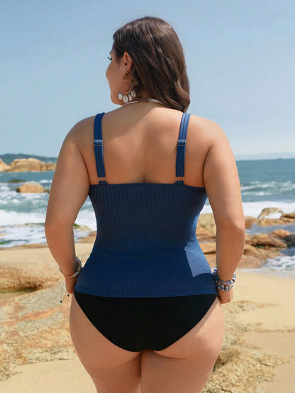 Swim Lushoire Plus Solid Color Ruched Tankini Top Swimwear Summer Beach
