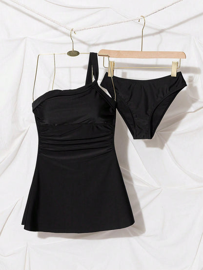 Swim Lushoire Pure Black One-Shoulder Twist Front Pleated Waist Minimalist Elegant A-Line Skirt Non-Wired Removable Chest Pad