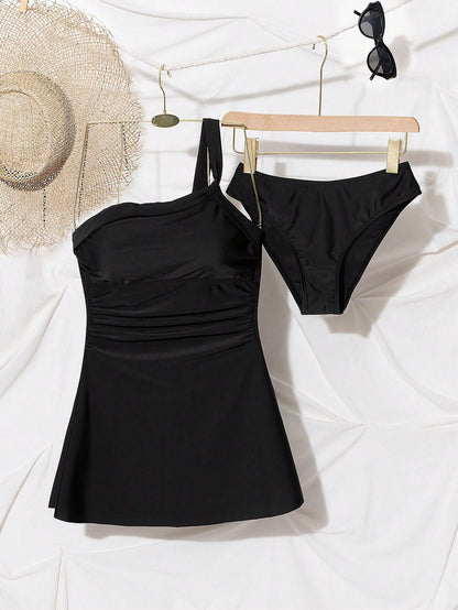 Swim Lushoire Pure Black One-Shoulder Twist Front Pleated Waist Minimalist Elegant A-Line Skirt Non-Wired Removable Chest Pad