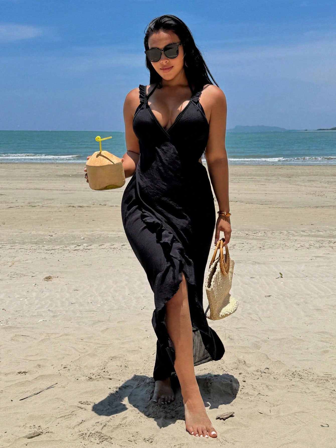 Swim Lushoire Summer 1pc Plus Size Women's Flounce Splice Dress Cover Up Loose Fit Vacation Coverup