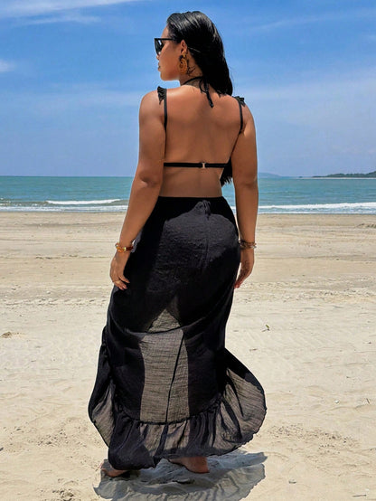 Swim Lushoire Summer 1pc Plus Size Women's Flounce Splice Dress Cover Up Loose Fit Vacation Coverup
