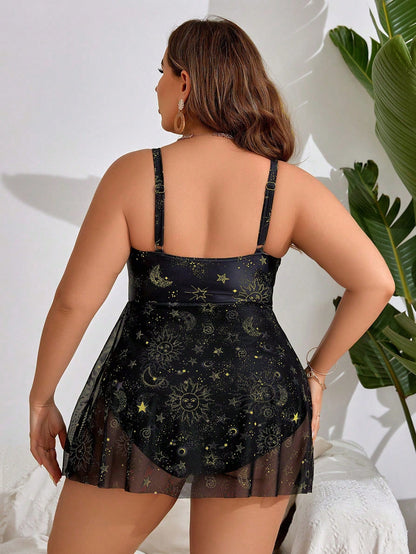 Swim Lushoire Summer Beach Plus Size Women's One-Piece Swimsuit With Printed Sun, Moon And Star Pattern