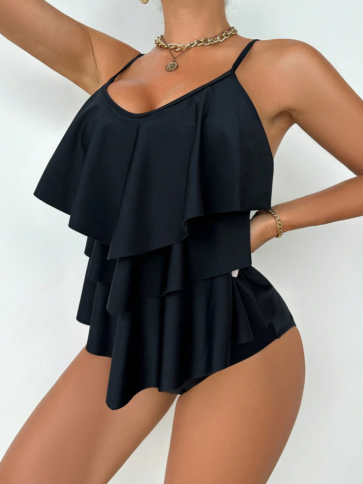 Swim Lushoire Summer Beach Women's Solid Color Multi-Layer Ruffled Bikini Set