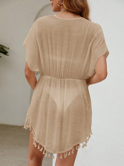 Swim Lushoire Tassel Trim Tie Front Sheer Kimono For Summer