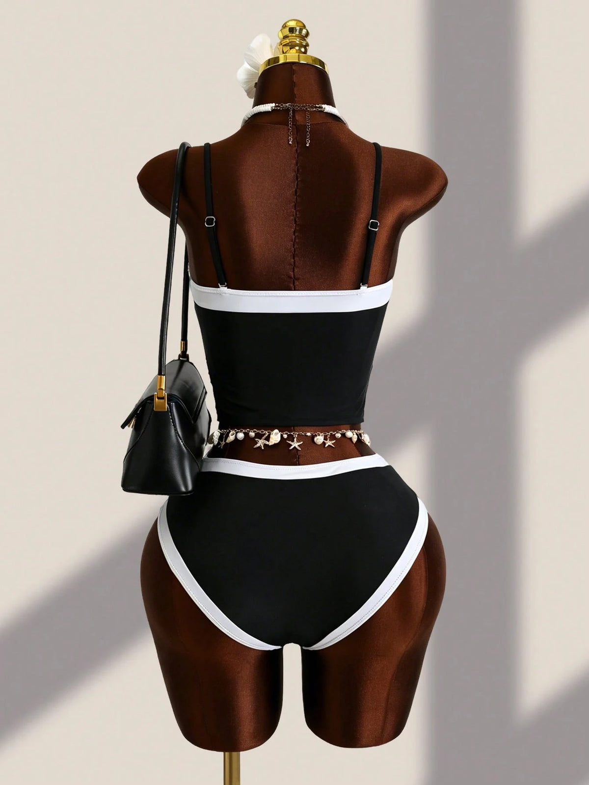 Swim Lushoire Teacher Women's Summer Black & White Contrast Collar Detachable Spaghetti Strap White Trim Triangle Bikini Tank Top