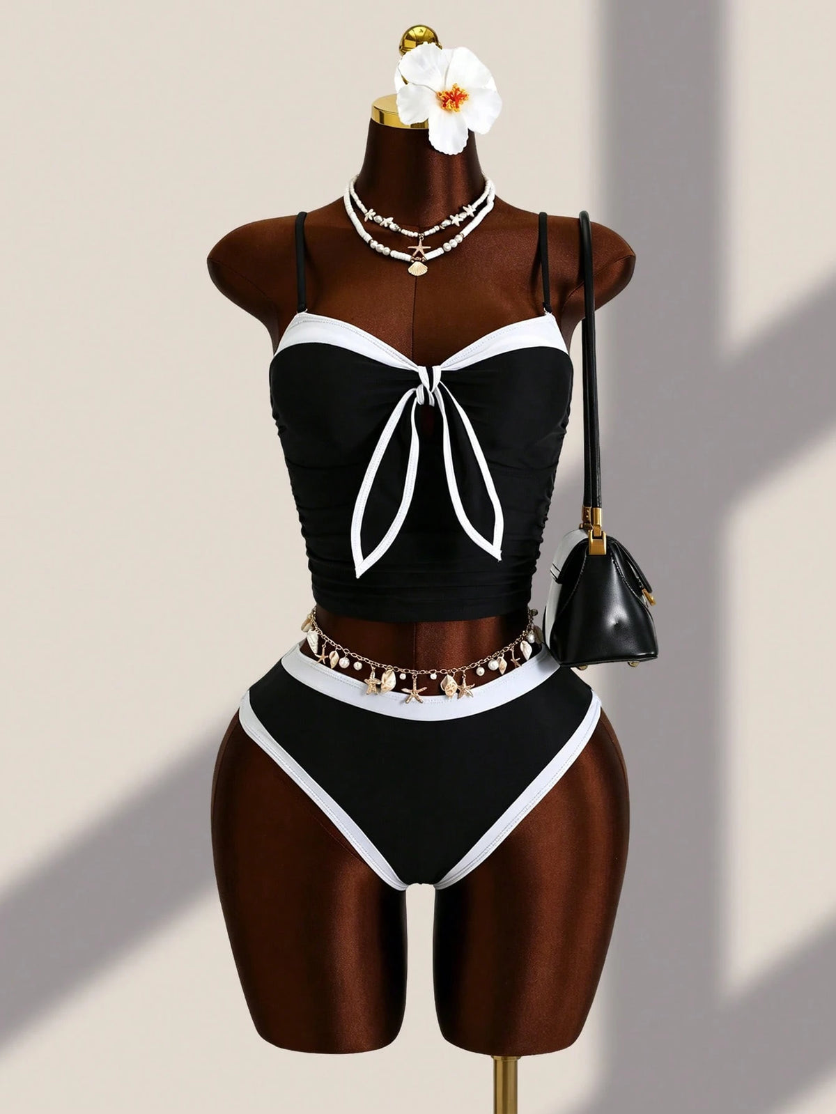 Swim Lushoire Teacher Women's Summer Black & White Contrast Collar Detachable Spaghetti Strap White Trim Triangle Bikini Tank Top