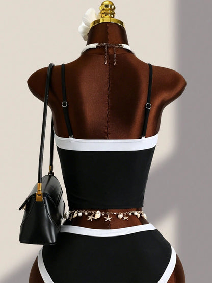 Swim Lushoire Teacher Women's Summer Black & White Contrast Collar Detachable Spaghetti Strap White Trim Triangle Bikini Tank Top