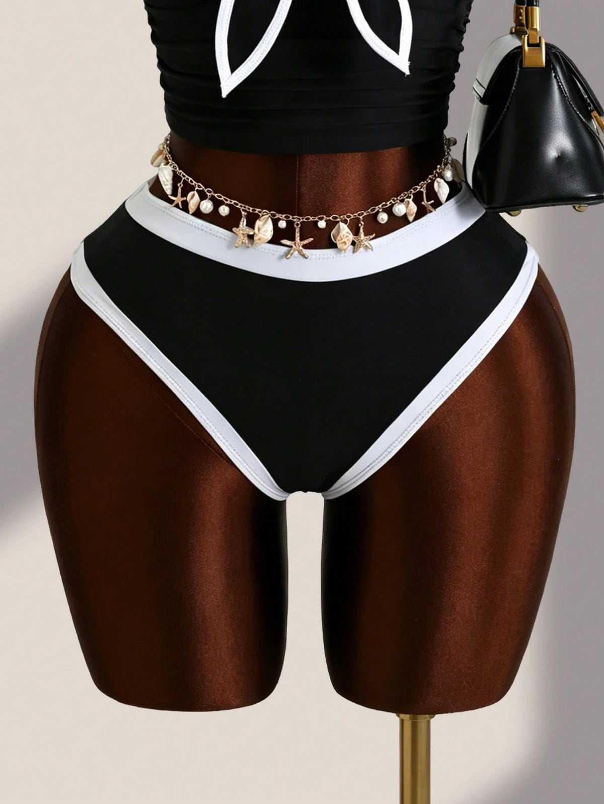 Swim Lushoire Teacher Women's Summer Black & White Contrast Collar Detachable Spaghetti Strap White Trim Triangle Bikini Tank Top