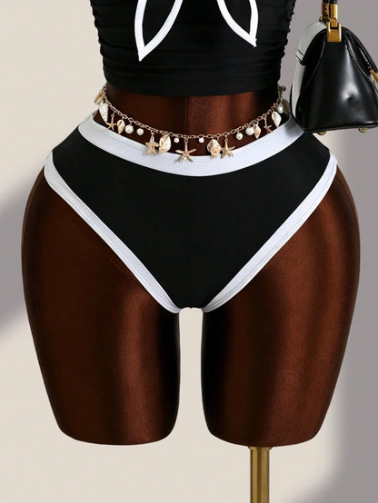 Swim Lushoire Teacher Women's Summer Black & White Contrast Collar Detachable Spaghetti Strap White Trim Triangle Bikini Tank Top