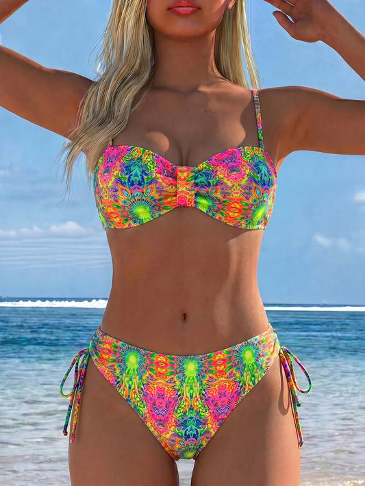 Swim Lushoire Women's Boho All-Over Print Two Pieces Bikini Set,Pink And Orange Push Up Swimsuits,Summer Casual Holiday Vacation Beach Pool Party Outfits,Holiday