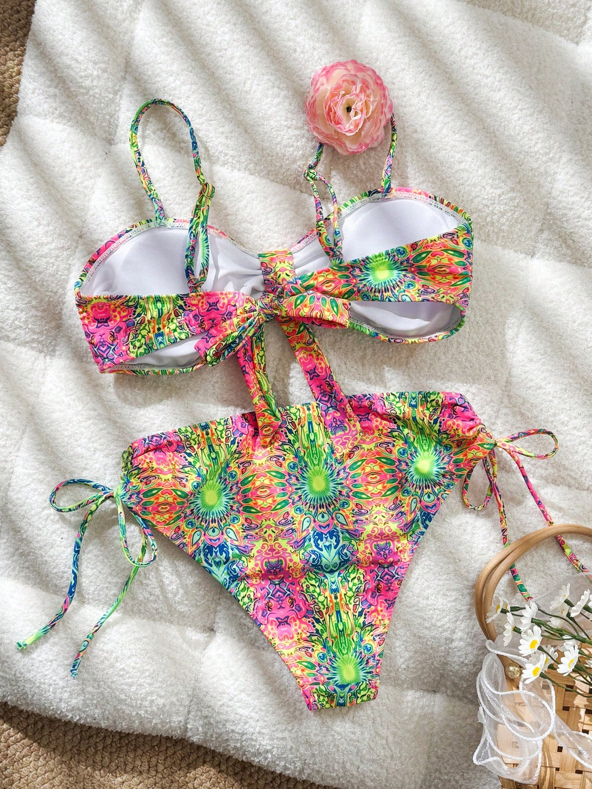 Swim Lushoire Women's Boho All-Over Print Two Pieces Bikini Set,Pink And Orange Push Up Swimsuits,Summer Casual Holiday Vacation Beach Pool Party Outfits,Holiday