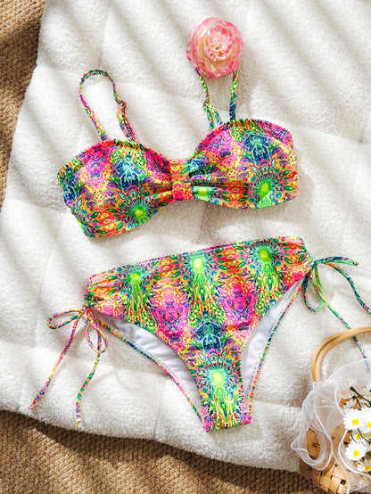 Swim Lushoire Women's Boho All-Over Print Two Pieces Bikini Set,Pink And Orange Push Up Swimsuits,Summer Casual Holiday Vacation Beach Pool Party Outfits,Holiday