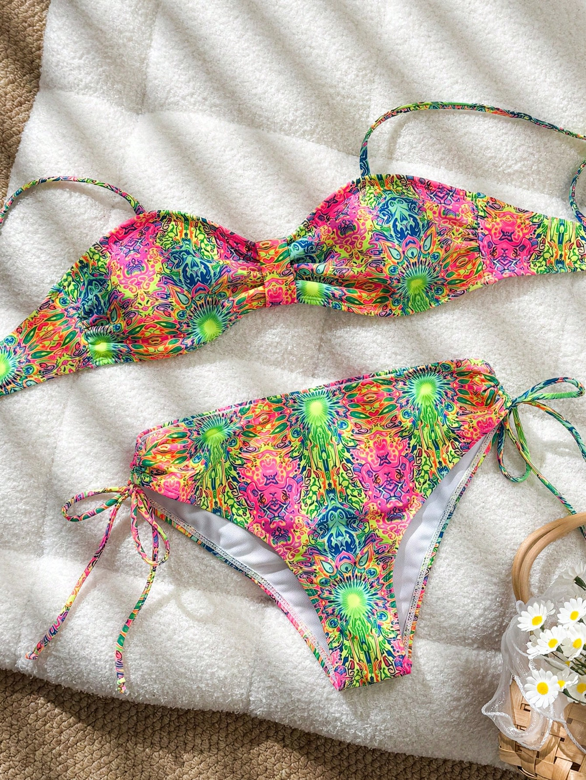 Swim Lushoire Women's Boho All-Over Print Two Pieces Bikini Set,Pink And Orange Push Up Swimsuits,Summer Casual Holiday Vacation Beach Pool Party Outfits,Holiday