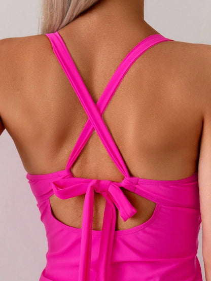 Swim Lushoire Women's Fuchsia Thick Strap Criss-Cross Ruffled Shell Print High Waist Triangle Bikini Tankini Set, Summer Beach Wear