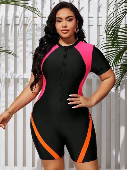 Swim Lushoire Women's Plus Size Color Block One-Piece Swimsuit Summer
