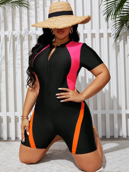 Swim Lushoire Women's Plus Size Color Block One-Piece Swimsuit Summer