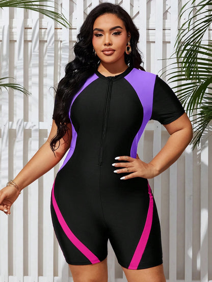 Swim Lushoire Women's Plus Size Color Block One-Piece Swimsuit Summer