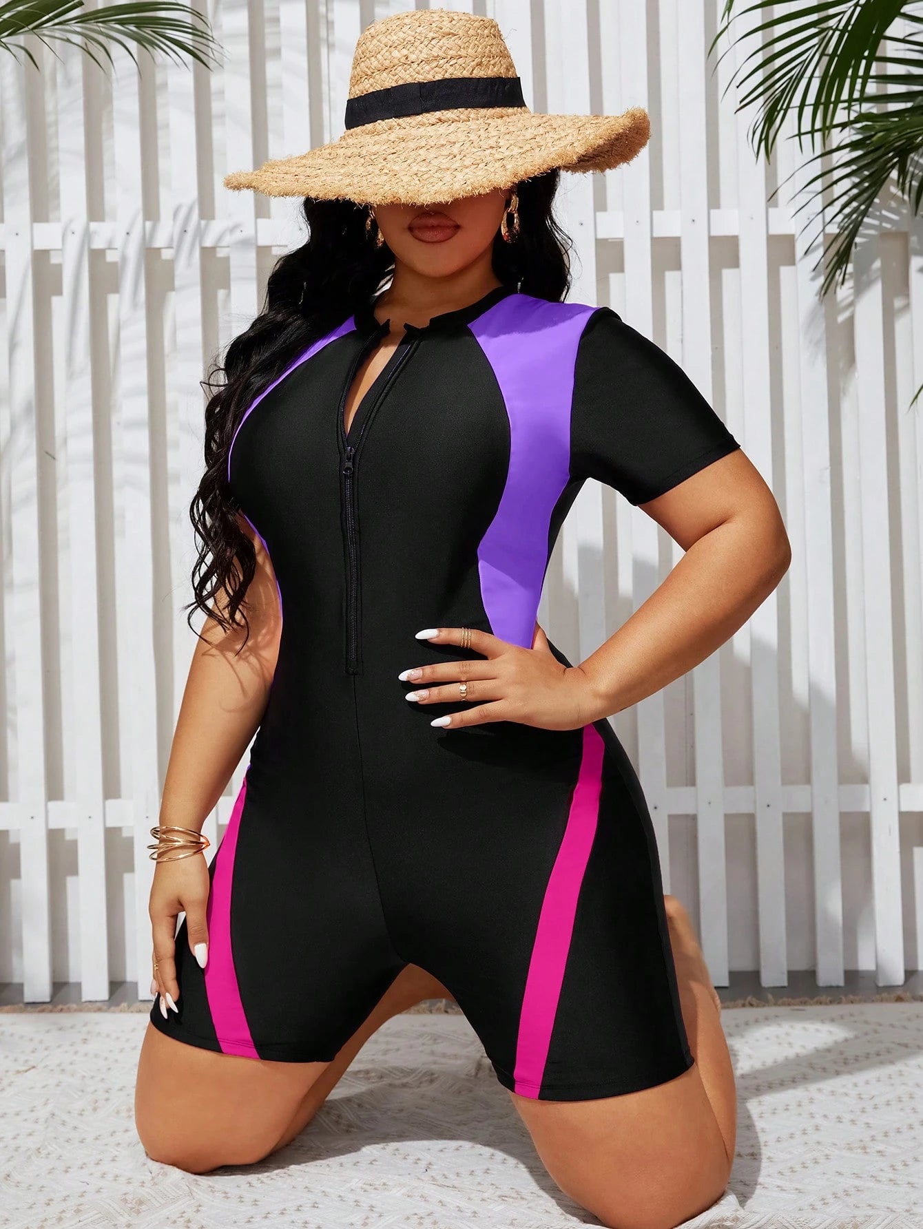 Swim Lushoire Women's Plus Size Color Block One-Piece Swimsuit Summer