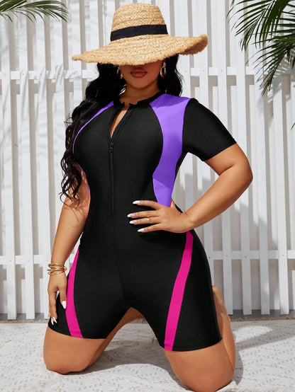 Swim Lushoire Women's Plus Size Color Block One-Piece Swimsuit Summer