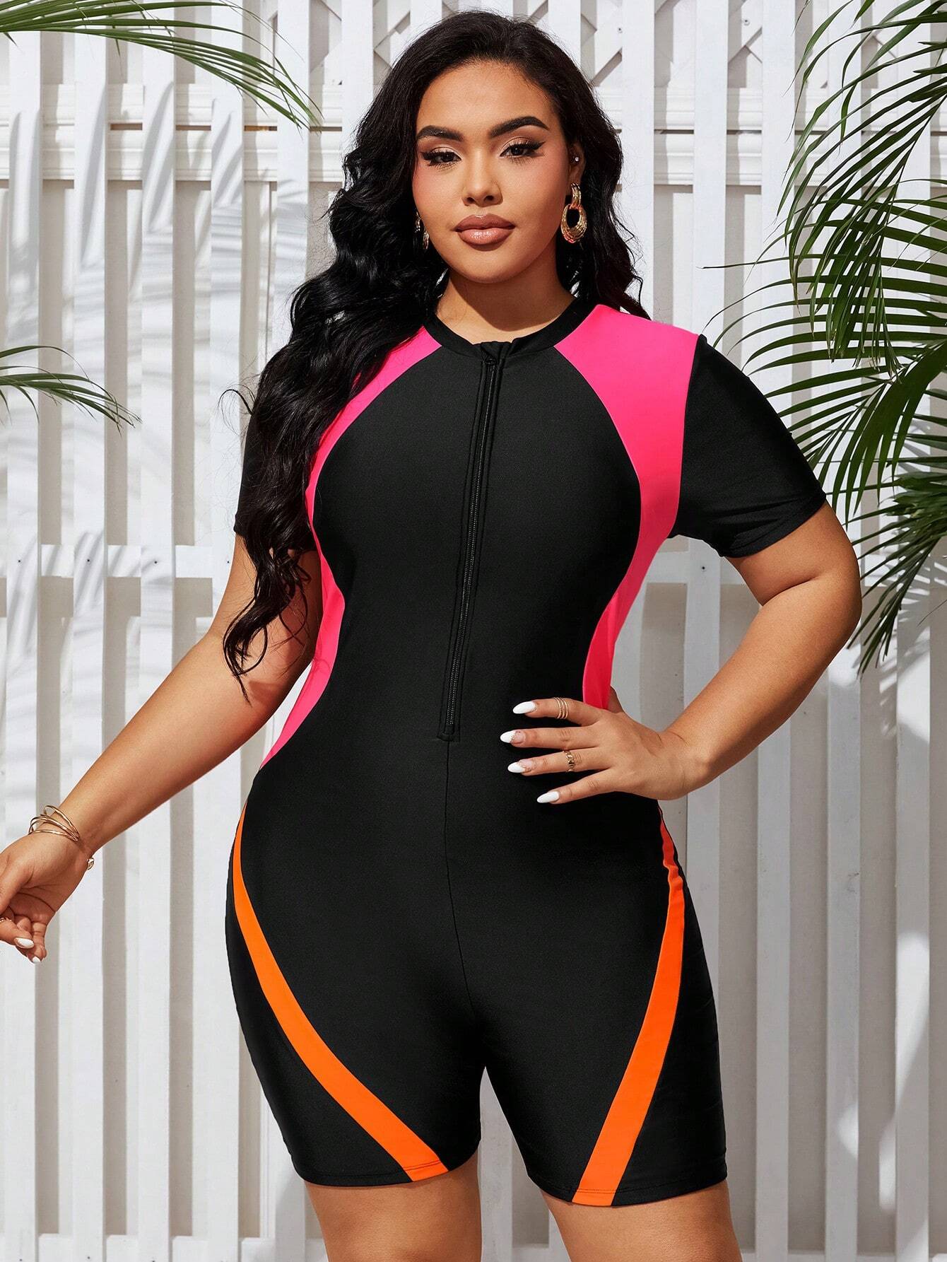 Swim Lushoire Women's Plus Size Color Block One-Piece Swimsuit Summer