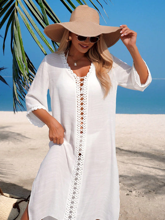 Swim Lushoire Women's Sexy V-Neck Split Loose Sweet Gentle Breeze Woven Solid Color Handmade Floral Hollow Splice Beach Bikini Cover Up Dress