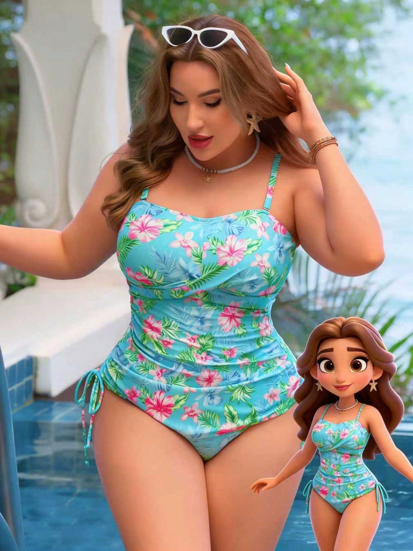 Swim Lushoire Women's Strapless Ruched Plus Size Tankini Set With Tropical Print And Tie Side Bikini Bottom