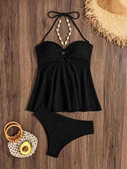 Swim Lushoire Women's Summer Beach Shell Decor Halter Tankini Swimwear Set