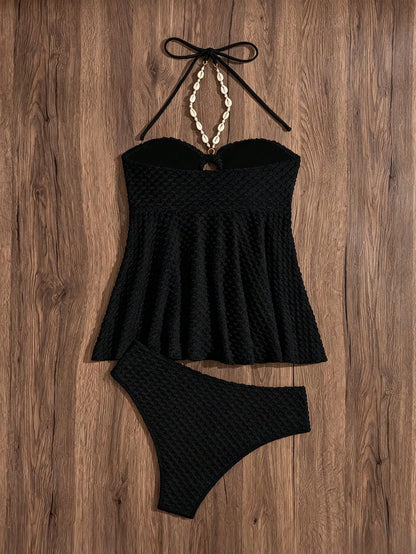 Swim Lushoire Women's Summer Beach Shell Decor Halter Tankini Swimwear Set