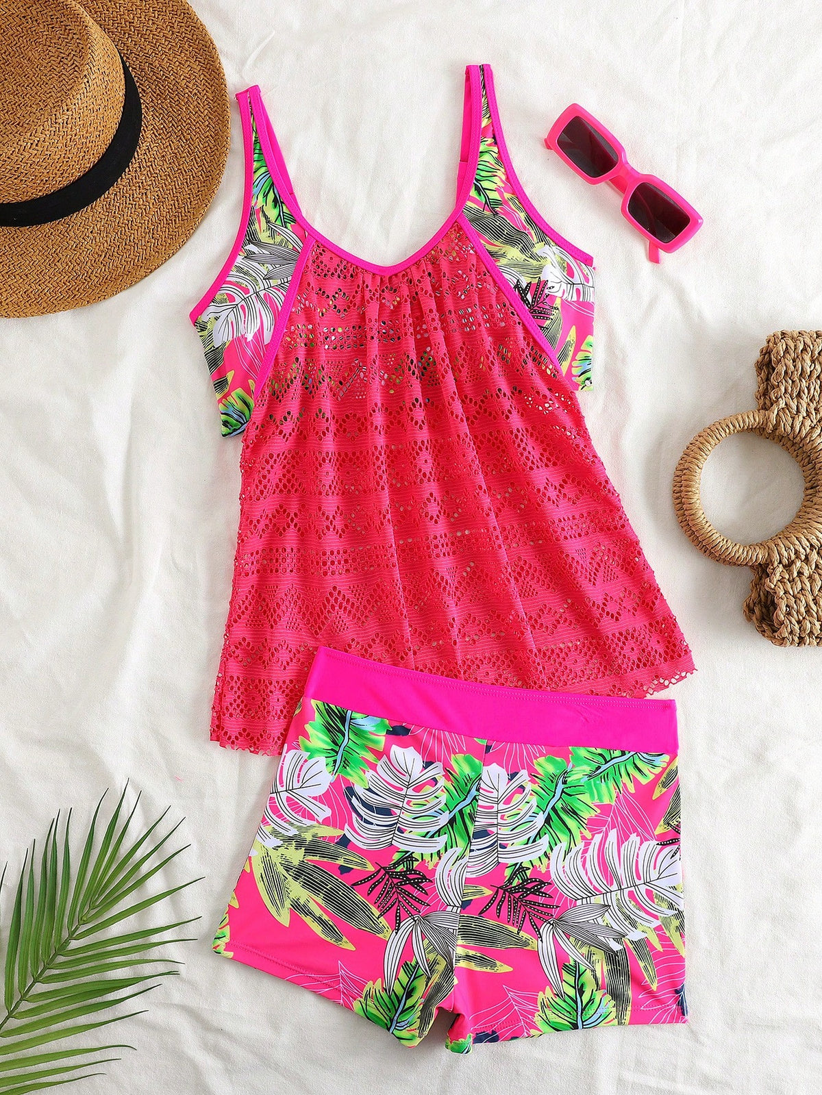 Swim Lushoire Women's Summer Beach Vacation Tropical Print Lace-Panel Tankini Swimsuit Set,Magenta Two-Piece Swimsuit Set