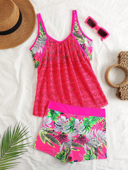 Swim Lushoire Women's Summer Beach Vacation Tropical Print Lace-Panel Tankini Swimsuit Set,Magenta Two-Piece Swimsuit Set