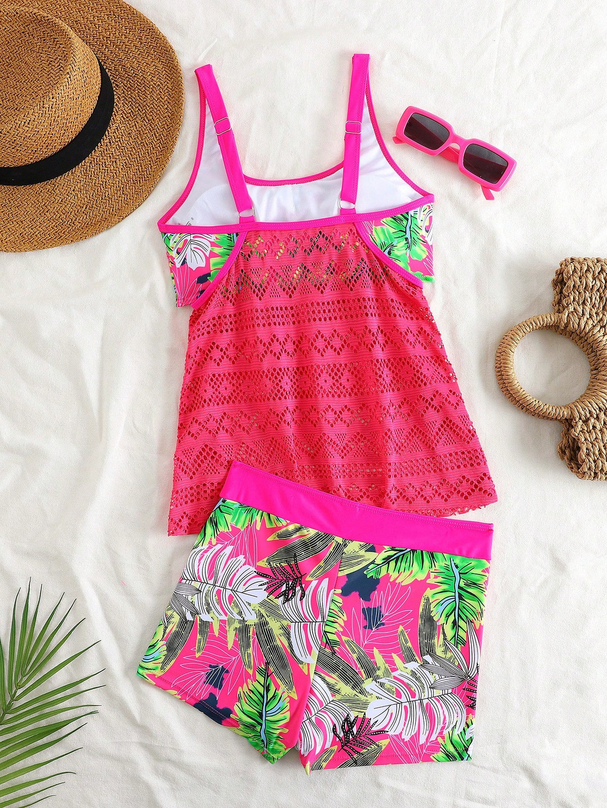 Swim Lushoire Women's Summer Beach Vacation Tropical Print Lace-Panel Tankini Swimsuit Set,Magenta Two-Piece Swimsuit Set