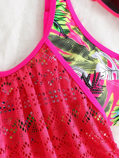 Swim Lushoire Women's Summer Beach Vacation Tropical Print Lace-Panel Tankini Swimsuit Set,Magenta Two-Piece Swimsuit Set