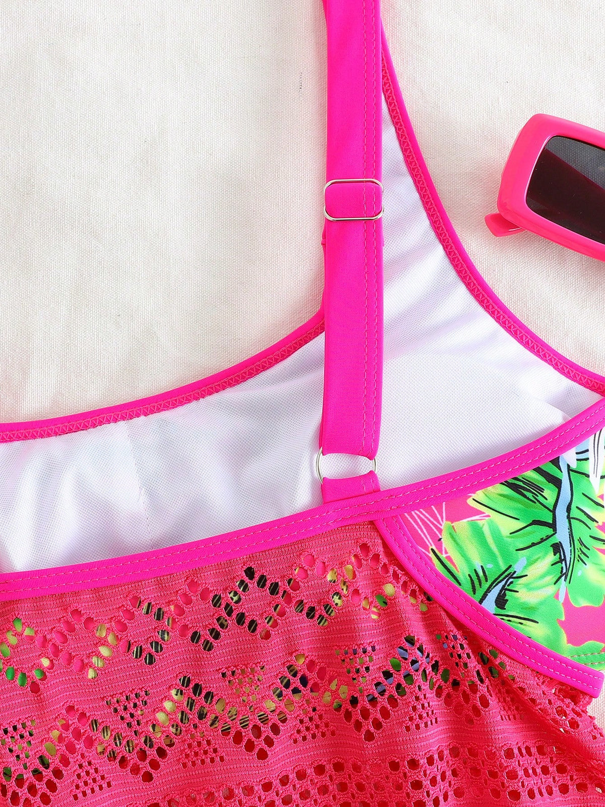 Swim Lushoire Women's Summer Beach Vacation Tropical Print Lace-Panel Tankini Swimsuit Set,Magenta Two-Piece Swimsuit Set