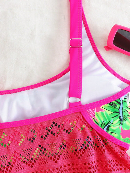 Swim Lushoire Women's Summer Beach Vacation Tropical Print Lace-Panel Tankini Swimsuit Set,Magenta Two-Piece Swimsuit Set