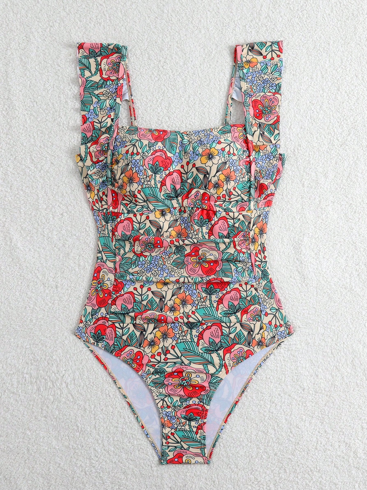 Swim Lushoire Women's Summer Beige Floral Print One-Piece Swimsuit,Boho Ruffle Hem Front Twist Bandeau Bathing Suit For Beach Holiday,Vintage Vacation Outfits