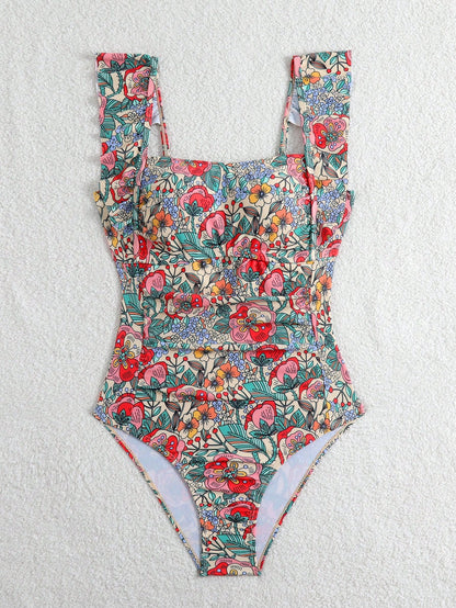 Swim Lushoire Women's Summer Beige Floral Print One-Piece Swimsuit,Boho Ruffle Hem Front Twist Bandeau Bathing Suit For Beach Holiday,Vintage Vacation Outfits