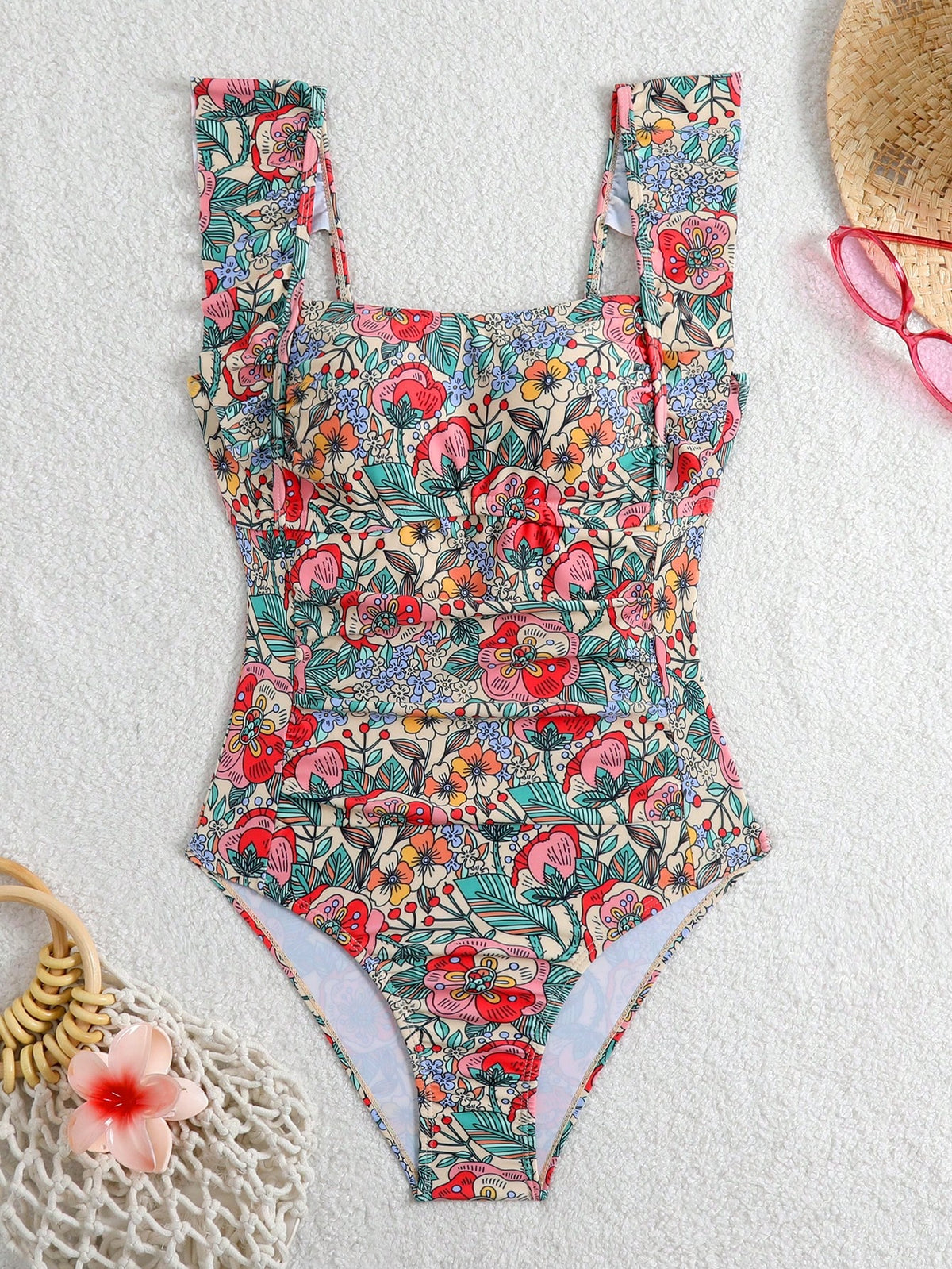 Swim Lushoire Women's Summer Beige Floral Print One-Piece Swimsuit,Boho Ruffle Hem Front Twist Bandeau Bathing Suit For Beach Holiday,Vintage Vacation Outfits