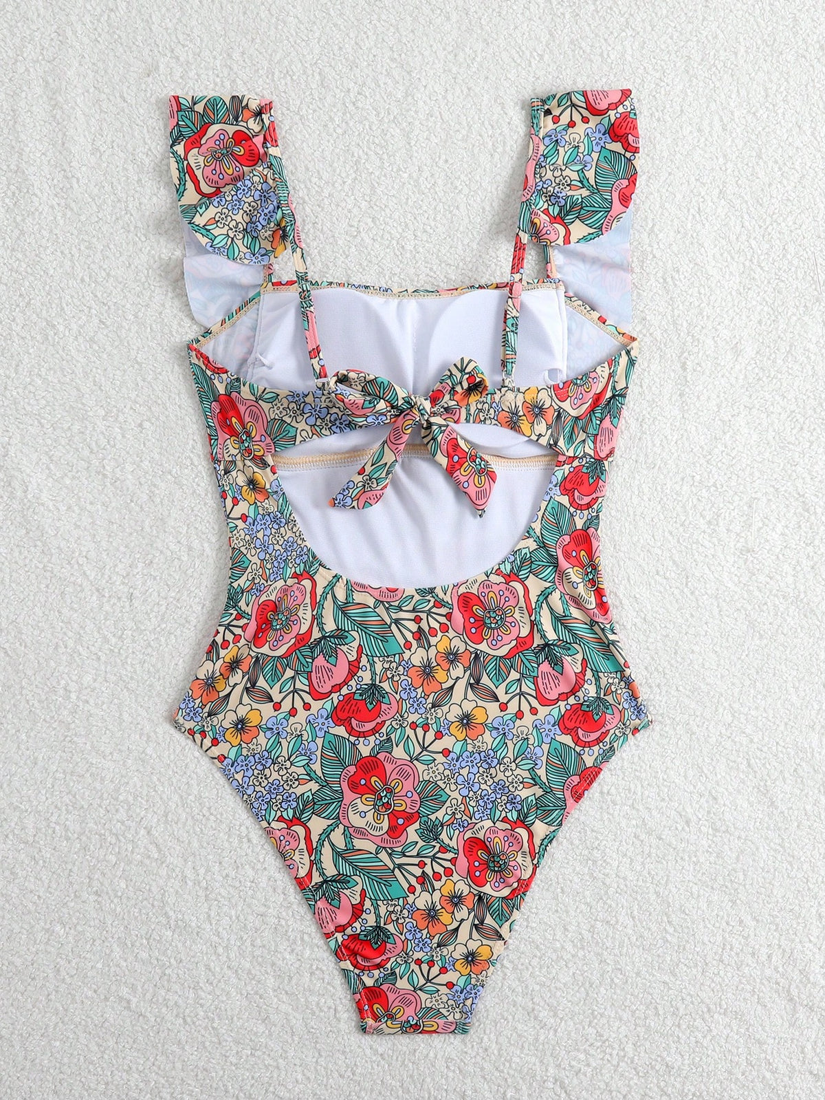 Swim Lushoire Women's Summer Beige Floral Print One-Piece Swimsuit,Boho Ruffle Hem Front Twist Bandeau Bathing Suit For Beach Holiday,Vintage Vacation Outfits